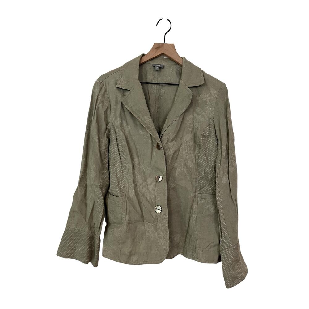 J Jill Womens Linen Blend Lightweight Three Button Green Jacket Blazer Size 12